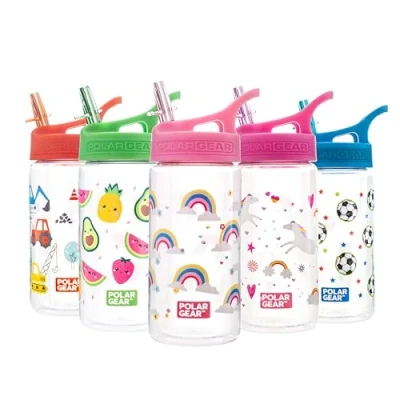 Image of Polar Gear Kids Water Bottles with Straw 400ml BPA Free Toddler Bottle 100% Leakproof Carry Handle Fully Recyclable School Rainbow