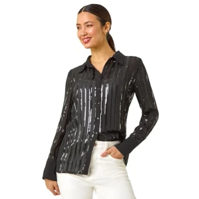 Image of Roman Originals Shirt for Women Ladies Cotton Blouse Button Through Tunic Printed Top Work Long Sleeve Smart Casual Going Out Office V Neck Everyday Evening Event Noir Sparkle Size 12