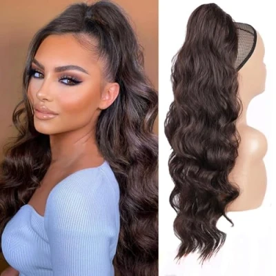 Image of RPAEOY Ponytail Hair Hairpieces for Women 60 CM Drawstring Clip in Extension Fluffy Curly Natural Synthetic Fiber Wigs Replacement Cosplay Daily Use Party Wear (Brownish Black)