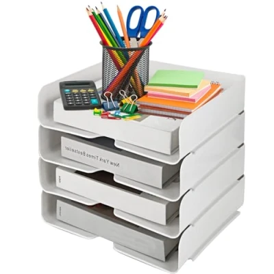 Image of ASelected 4 Tier Stackable A4 Filing Trays 31.5X24.5X7 Cm Office Desk File Rack White Plastic For Paper Magazine Receipts Supplies(White)