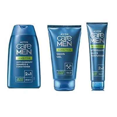 Image of Pack of 3 Avon Care sensitive Shower &amp; Shave Set for Men 2in1 Anti dandruff shampoo and Conditioner 200ml gel 150ml After balm 100ml