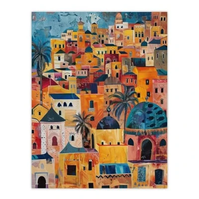 Image of Artery8 Moroccan Cityscape Artwork Colourful Exotic Ochre Living Room Large Wall Art Poster Print Thick Paper 18X24 Inch