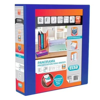 Image of Elba A4 4 D Ring Binder, 50mm capacity, 70mm spine, Presentation Folder with Customisable Cover, Portrait, Blue (Single)
