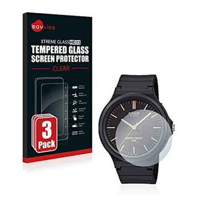 Image of Savvies Armoured Glass compatible with Casio Unisex MW 240 (3 Pack) Tempered Screen Protector [Shockproof, 9H Ultra Hard]
