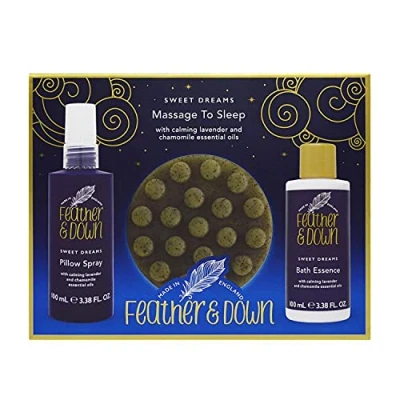 Image of Feather &amp; Down Massage to Sleep Gift Set (Pillow Spray, Soap Bar Bath Essence) Infused with Lavender Chamomile Essential oils. Vegan Friendly Cruelty Free.