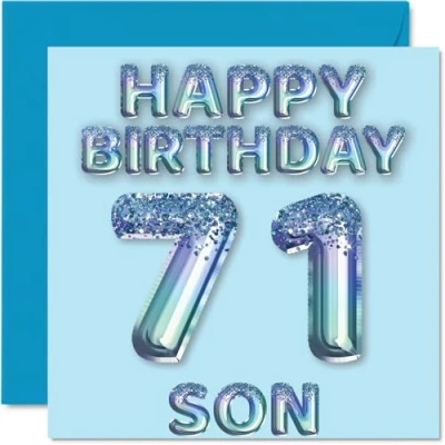 Image of 71st Birthday Card for Son Blue Glitter Party Balloons Happy Cards 71 Year Old from Mum Dad Parents, 145mm x Bday Greeting Gift