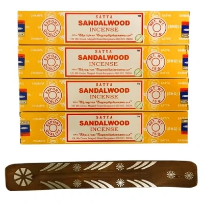 Image of Original Satya Nag Champa Incense Sticks with AMD Nexus Holder x4 pack for Aromatherapy, Spa, Yoga, Meditation and Relaxation (Sandalwood)