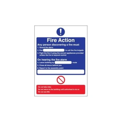 Image of V Safety Any Person Discovering A Fire... Fire Action Notice Sign 210mm x 297mm (A4) 1mm Rigid Plastic