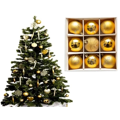 Image of 9pc Luxury Premium Baubles, Christmas Tree Bauble Decorations Matte, Glitter, shiny &amp; Frosted (6cm) (Gold.)