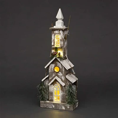 Image of SHATCHI Christmas Holiday Home Décor Battery Operated Wooden House Tabletop Centrepiece with Berries, Pines and Small Warm White Bulbs (43cm/52cm/66cm), Wood, 23 x 12 66H cm