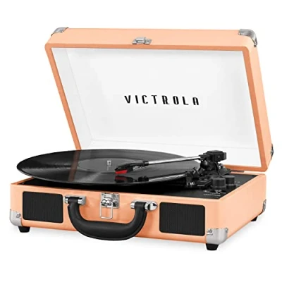 Image of Victrola Vintage 3 Speed Bluetooth Portable Suitcase Record Player with Built in Speakers Upgraded Turntable Audio SoundPeach Rose Gold, Model Number: VSC 550BT TPG