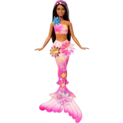Image of Barbie Mermaid Toy Dolls with Surprise Magic Blooming Flowers Feature, Ombre Tails, Pearl Headband Accessory &amp; Long Brown Hair Purple Highlights, JDM73