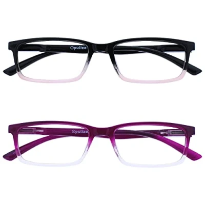 Image of OPULIZE See Reading Glasses 2 Packs with Blue Light Blocking Narrow Frame Spring Hinges Improve Sleep Computer Gaming Black To Pink Purple Mens Womens BB9 45 +1.50