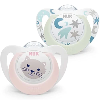 Image of NUK Star Baby Dummy 0 6 Months Day &amp; Night Soothers BPA Free Silicone Pink Cat 2 Count