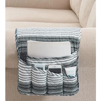 Image of Brilliant Sunshine Multi Grey Stripes Patchwork Couch Armrest 5 Pockets Organizer, Slip Resistant Recliner Arm Chair Caddy, Remote Control Holder, Storage for Magazine, Tablet, Phone, iPad,