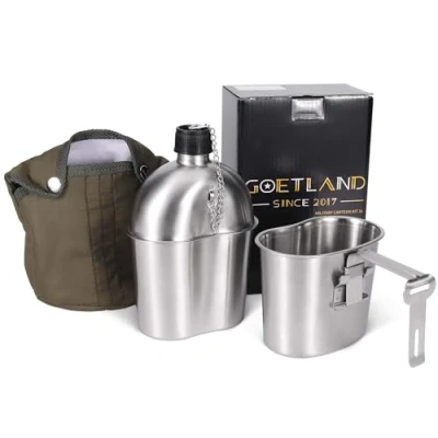 Image of Goetland Stainless Steel WWII US Military Canteen Kit 1QT with 0.5QT Cup Nylon Cover G.I. for Camping