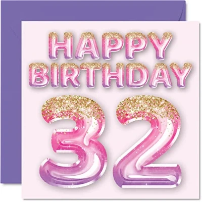 Image of 32nd Birthday Card for Women Pink &amp; Purple Glitter Balloons Happy Cards 32 Year Old Woman Friend Sister Mum Auntie, 145mm x Thirty Two Second Bday Greeting Gift