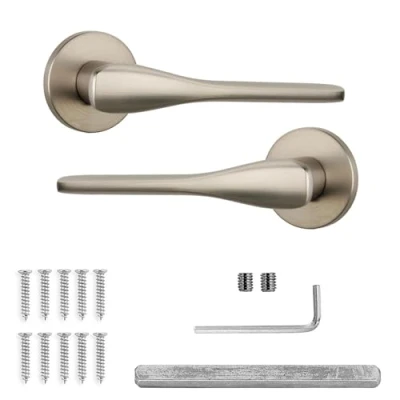 Image of Decoranddecor Satin Nickel Door Handles Internal Aluminium Silver for Doors Round Rose Bedrooms &amp; Bathroom Verita Range