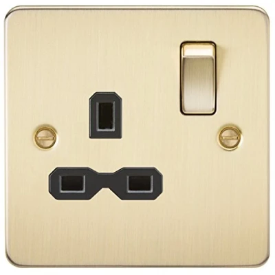 Image of KnightsBridge Flat plate 13A 1G DP switched socket brushed brass with black insert