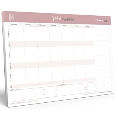 Image of Perfect Planner Company Magnetic Weekly Meal Pad A4 Tear Away Design Perforated Shopping List Calorie Tracker, and Food Expiry Date Dusky, Landscape, 50 Pages