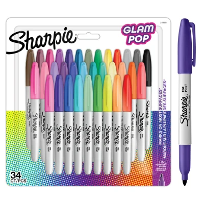 Image of Sharpie Glam Pop Permanent Markers Fine Point for Bold Details Assorted Vibrant Colours 34 Marker Pens
