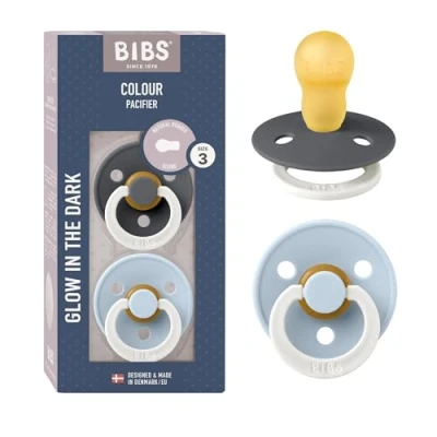 Image of BIBS Colour Night Glow in The Dark Soother 2 Pack, BPA Free Dummy Pacifier, Made Denmark, Size 3 (18+ Months), Iron Glow/Baby Blue