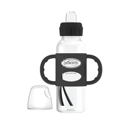 Image of Dr. Brown&#039;s Milestones Narrow Sippy Spout Bottle with 100% Silicone Handles, Easy Grip Handles Soft Spout, 8oz/250mL, Black, 1 Pack, 6m+
