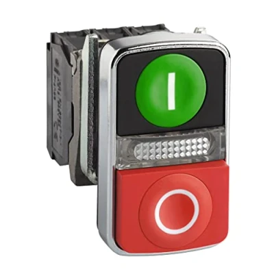 Image of Schneider Electric Harmony XB4 ON/OFF Illuminated Push Button Switch, Metal, Green Flush Marked I, Red Projecting O, 1NO + 1NC, 24V AC/DC, 22mm Mount, XB4BW73731B5