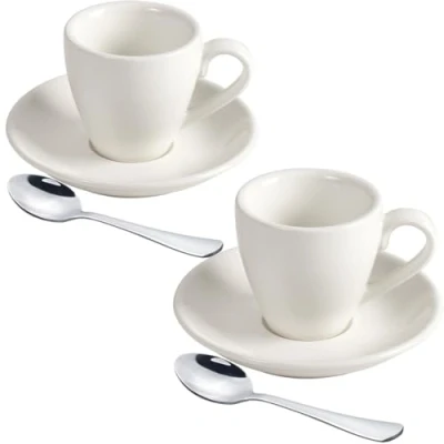 Image of ionEgg Porcelain Espresso Cup with Saucer And Stainless Steel mini Spoons, shot Cup, 80ml/2.7Oz, Pack of 2, White