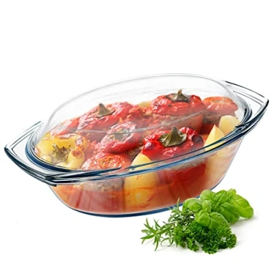 Image of KADAX Glass Casserole Dish, Ovenproof Dish with Lid and Handles, Heat Resistant for Cooking, Baking, Roasting, Transparent Lasagne, Meat (Oval, 2.9 L)