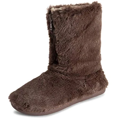 Image of Polar Womens Memory Foam Zipper Faux Fur Covered Rubber Sole Indoor Outdoor Cosy Luxury Boot Slippers Brown UK7/EU40 YC0723