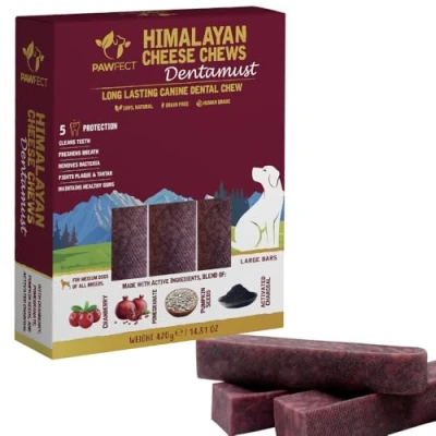Image of Pawfect Dentamust Himalayan Cheese Chews for Dogs Infused with Cranberry, Pomegranate &amp; Activated Charcoal: Pack of 3 dental chew Large (420g) All Natural Long lasting Multi Action