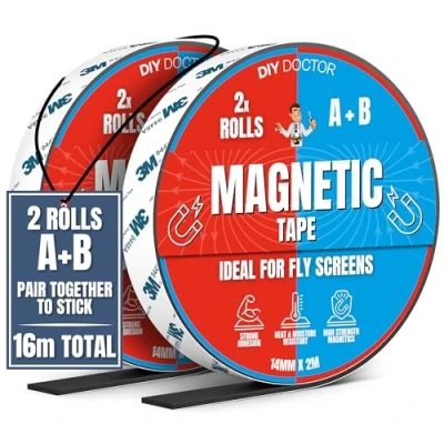 Image of DIY Doctor A+B Magnetic Tape for Fly Screens 16 Metres of Strong Strips Self Adhesive Cut To Fit Sticky Strip 8m + A and B Polarity Thin Magnet