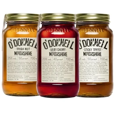 Image of O&#039;Donnell Moonshine Liqueur Trio Tough Nut, Sticky Toffee &amp; Very Cherry 3 x 700ml Mason Jars Smooth Delicious Liqueurs 25% ABV
