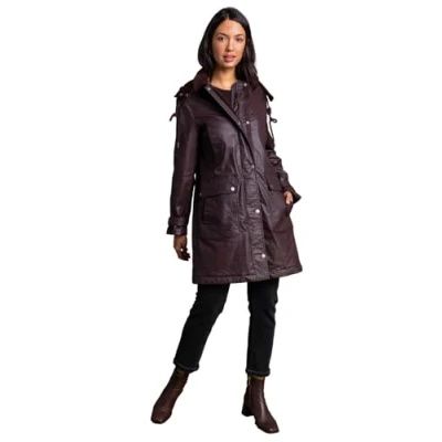 Image of Roman Womens Waxed Longline Hooded Coat Chocolate Size 10 UK