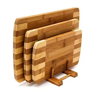 Image of Relaxdays Bamboo Chopping Board Set of 3 with Stand, in Various Sizes, Cutting Boards, Modern and Striped Design, Natural Brown