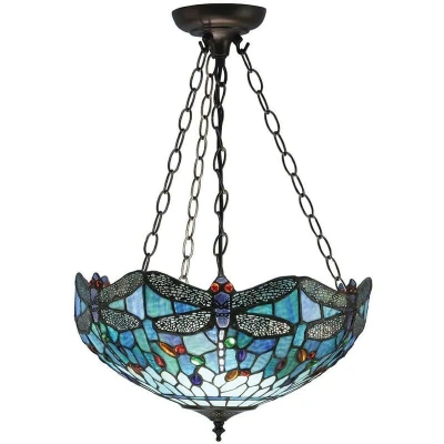 Image of Dragonfly Tiffany 3 Light Medium Inverted Ceiling Pendant Bronze, Blue