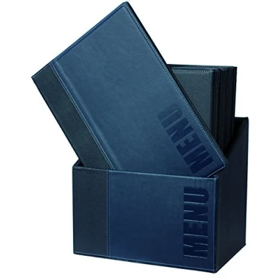 Image of Securit Trendy Leather Style Menu Holders in Blue Box Displays 4x A4 Set of 20 Holder