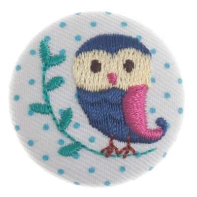 Image of Impex Woodland Embroidered Owl Fabric Covered Buttons Blue per Button