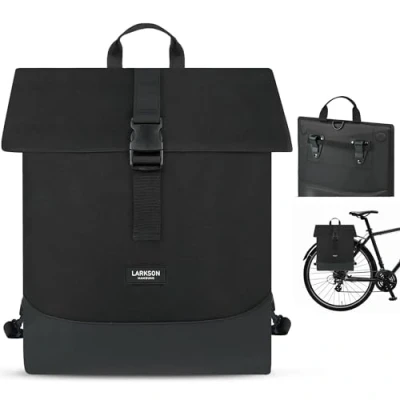 Image of LARKSON Bike Pannier Bags Black Tammo 2 in 1 Cycle Backpack &amp; Bicycle Bag for Rear Carrier, Made of Recycled Material Water Repellent