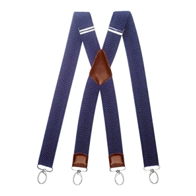 Image of Olata Heavy Duty X Shape Wide Braces/Suspenders with Brown Leather and Carabiner Clips 4cm. Blue