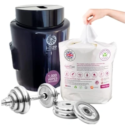 Image of GymiTize Gym Antibacterial Wipes Dispenser, Plus Our Alcohol Free, Antiviral Wipes, Anti Bac Made in the UK (1 Black Dispenser,1000 Wipe Refill Roll).