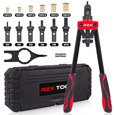 Image of 14&quot; Rivet Tool Professional Kit with M3 M4 M5 M6 M8 M10 Metric 6 Mandrels and 60 Nuts, Effort Limit Design, Heavy Duty Carrying Case