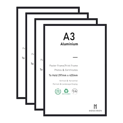 Image of A3 Certificate Picture Frame,4 Pack Black Aluminium Photo Frame with plexiglass for Wall Mount Display,29.7x42 cm,Set of 4