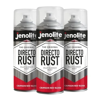 Image of JENOLITE Directorust Gloss Spray Paint CRIMSON RED 3 x 400ml Direct To Rust For Metal Multi Surface Wood, Metal, Plastic, Ceramic RAL 3027