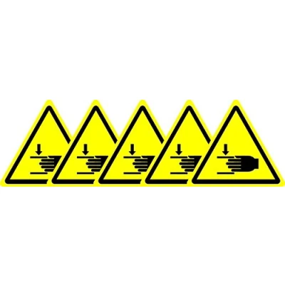 Image of ISO Safety Label Sign International Warning Crushing of Hands Symbol Self Adhesive Sticker 50mm Diameter (Pack 5 Stickers)