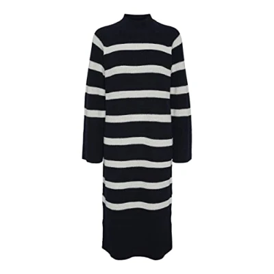 Image of PIECES Women&#039;s Pcbaia LS Os High Neck Knit Dress BC, Sky Captain/Stripes: Cloud Dancer, XS