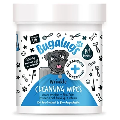 Image of BUGALUGS Wrinkle dog wipes for pawly skin 100 Biodegradable grooming pet wipes. Use as ear wipes, eye face Paw &amp; Bum puppy, dogs cat