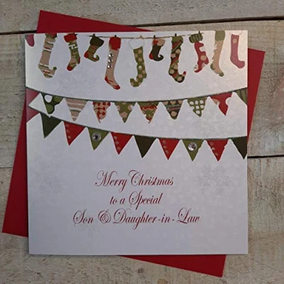 Image of White cotton cards X146 Merry Christmas To a Special Son and Daughter In Law Handmade Card with Bunting Design,