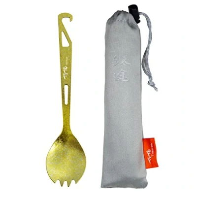 Image of TiTo Titanium Fork Spoon Lightweight Portable Outdoor Dinner Cutlery Camping Spork with Bottle Opener (Bright Golden)